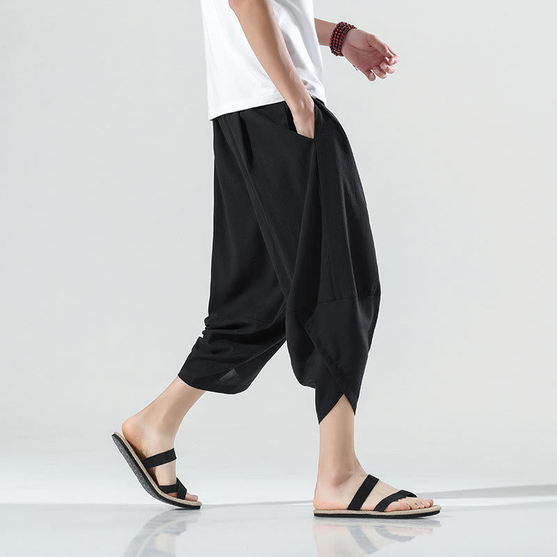Pantalon sarouel en lin pour homme avec poches et cordon de serrage, motif Buddha Stones , longueur 7-8