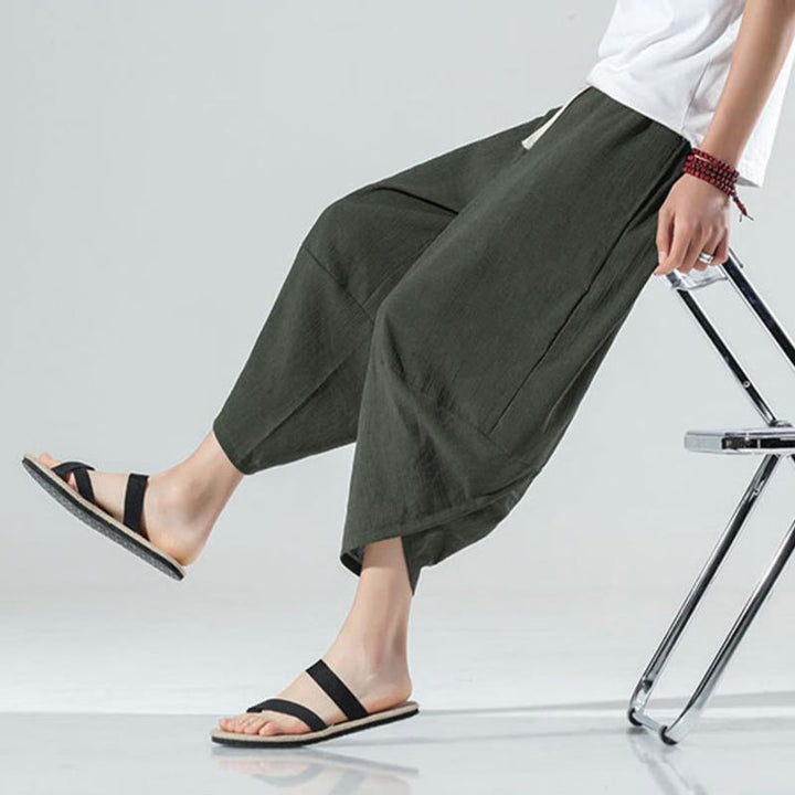 Pantalon sarouel en lin pour homme avec poches et cordon de serrage, motif Buddha Stones , longueur 7-8
