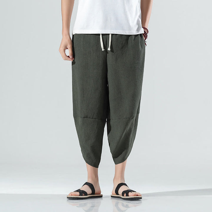 Pantalon sarouel en lin pour homme avec poches et cordon de serrage, motif Buddha Stones , longueur 7-8