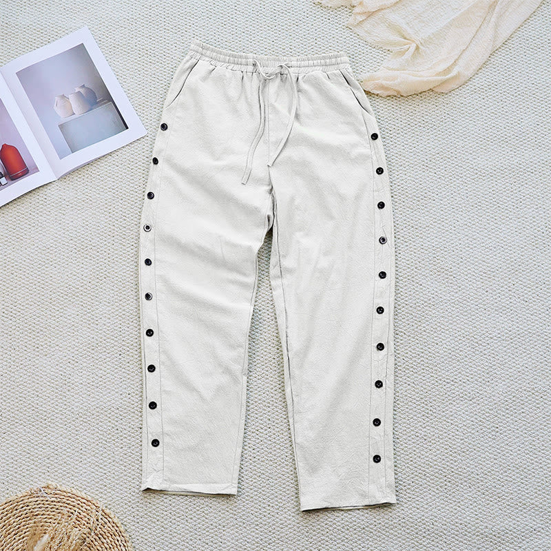 Pantalon d'été uni en coton et lin avec cordon de serrage et poches pour femme, motif patchwork Buddha Stones - image 1