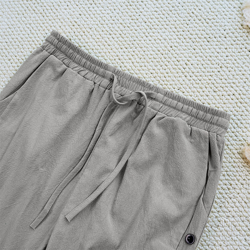 Pantalon d'été uni en coton et lin avec cordon de serrage et poches pour femme, motif patchwork Buddha Stones