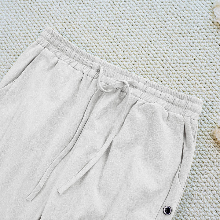 Pantalon d'été uni en coton et lin avec cordon de serrage et poches pour femme, motif patchwork Buddha Stones