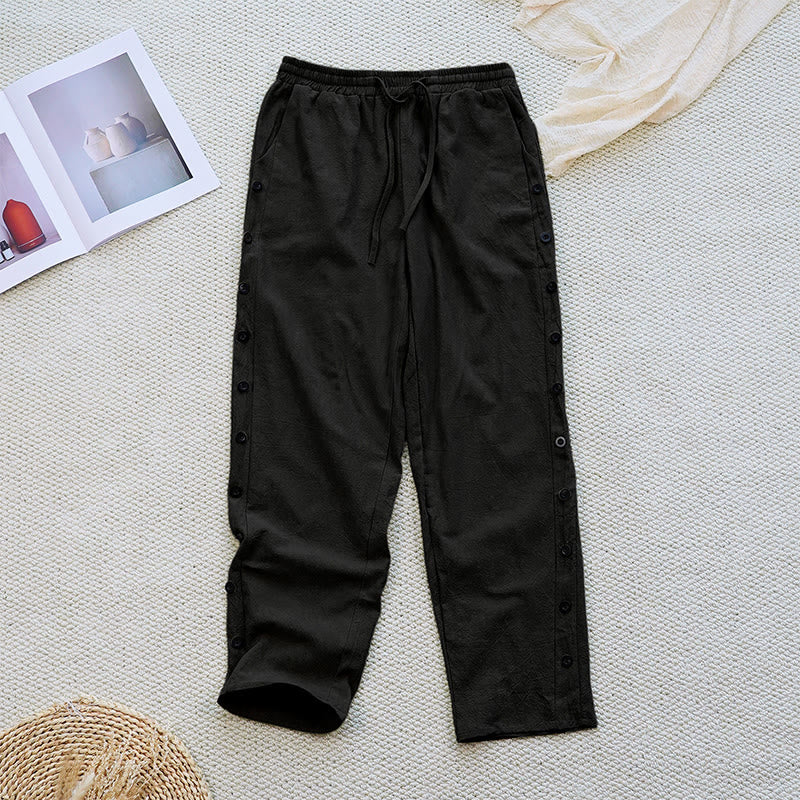 Pantalon d'été uni en coton et lin avec cordon de serrage et poches pour femme, motif patchwork Buddha Stones