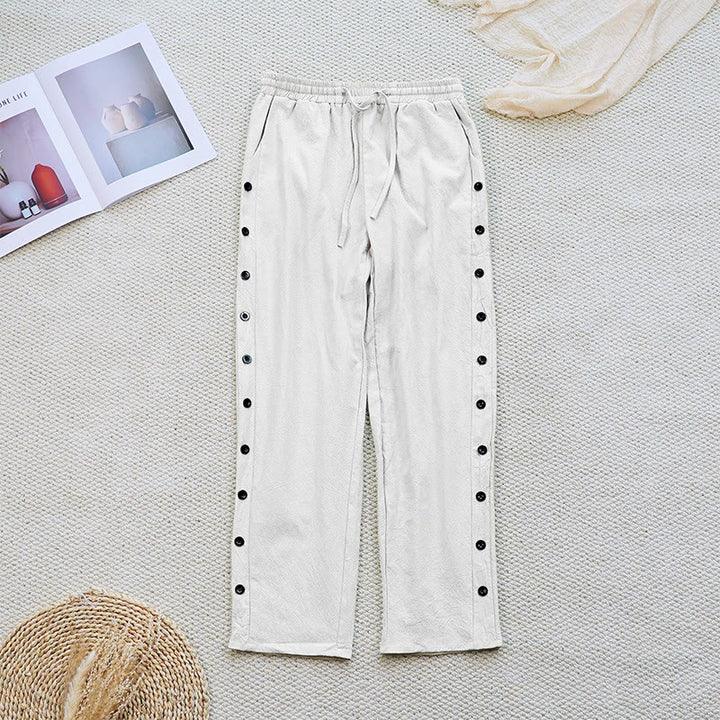 Pantalon d'été uni en coton et lin avec cordon de serrage et poches pour femme, motif patchwork Buddha Stones
