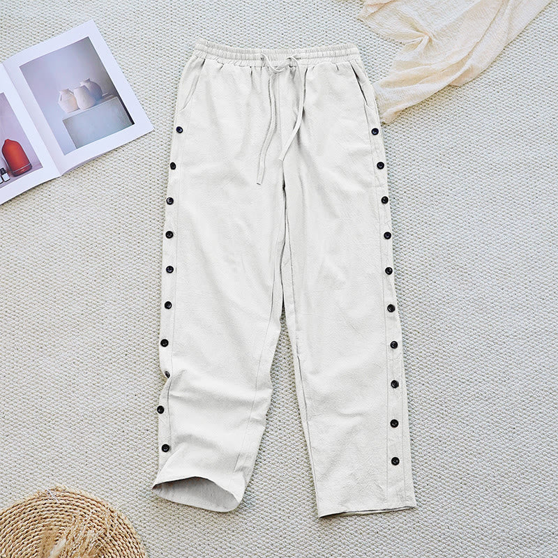 Pantalon d'été uni en coton et lin avec cordon de serrage et poches pour femme, motif patchwork Buddha Stones - Blanc - US12，UK/AU16，EU44 (2XL) - image 0