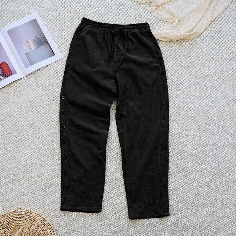 Pantalon d'été uni en coton et lin avec cordon de serrage et poches pour femme, motif patchwork Buddha Stones