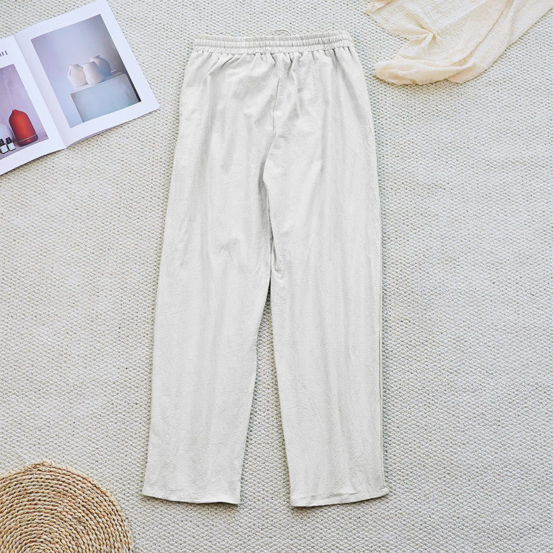 Pantalon d'été uni en coton et lin avec cordon de serrage et poches pour femme, motif patchwork Buddha Stones