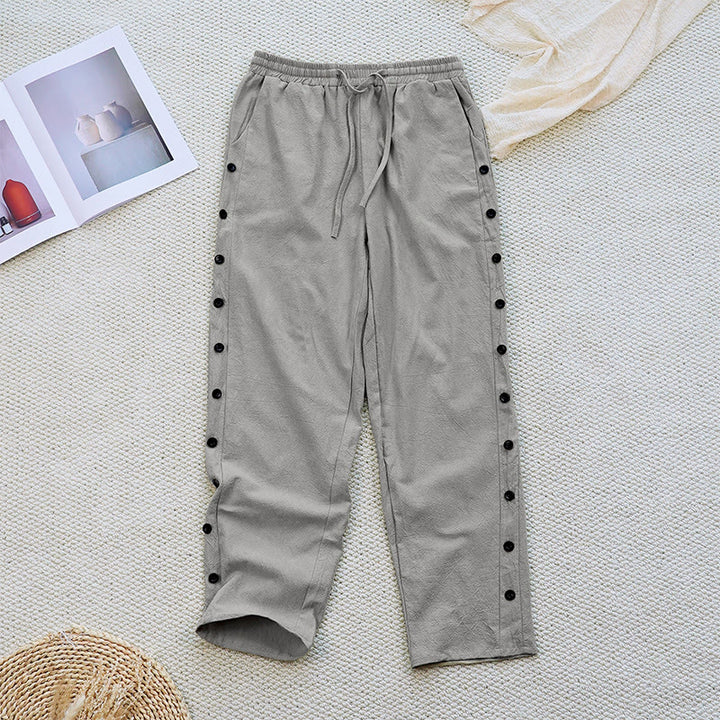 Pantalon d'été uni en coton et lin avec cordon de serrage et poches pour femme, motif patchwork Buddha Stones