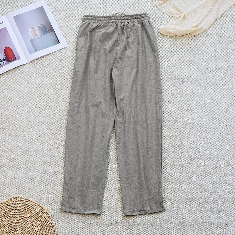 Pantalon d'été uni en coton et lin avec cordon de serrage et poches pour femme, motif patchwork Buddha Stones