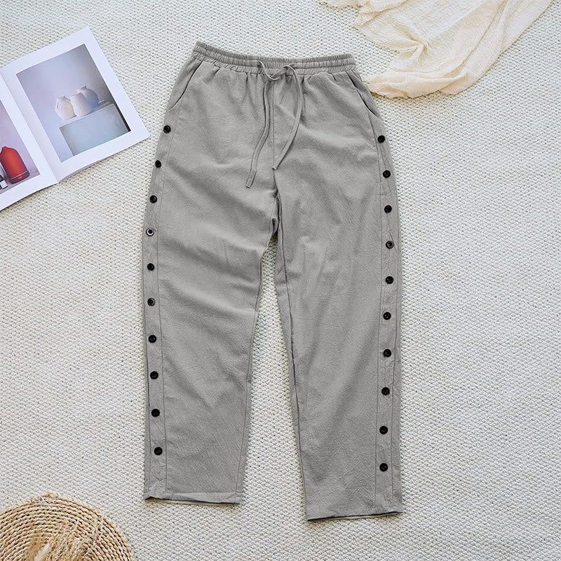 Pantalon d'été uni en coton et lin avec cordon de serrage et poches pour femme, motif patchwork Buddha Stones