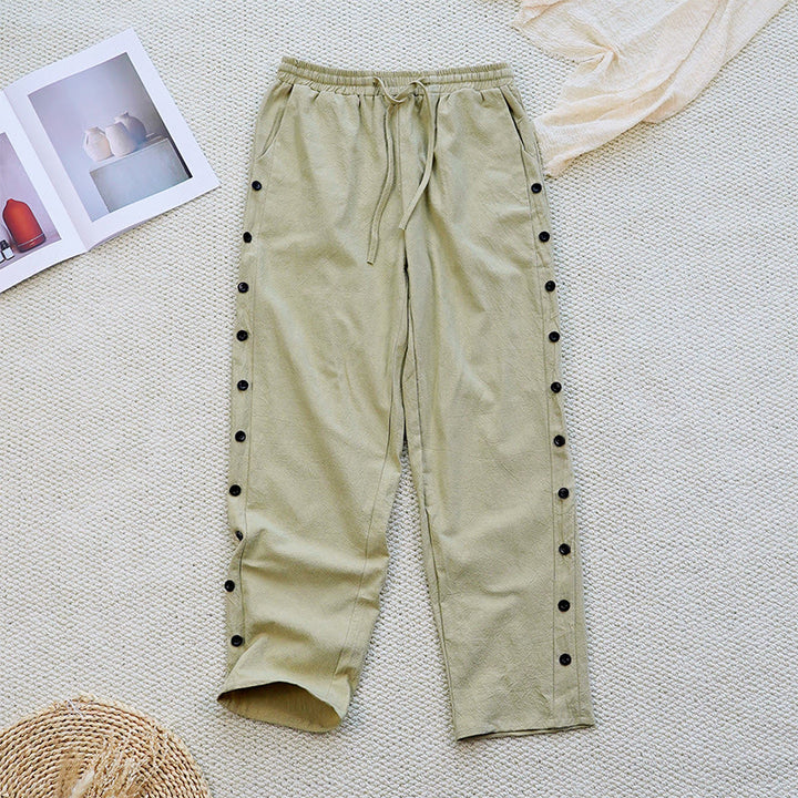 Pantalon d'été uni en coton et lin avec cordon de serrage et poches pour femme, motif patchwork Buddha Stones
