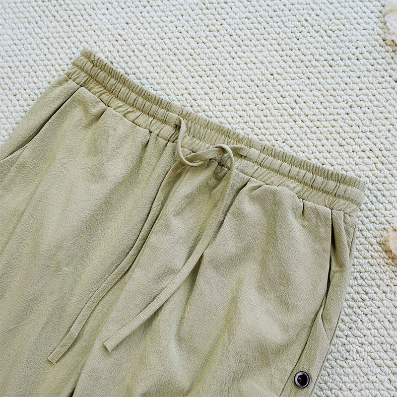 Pantalon d'été uni en coton et lin avec cordon de serrage et poches pour femme, motif patchwork Buddha Stones