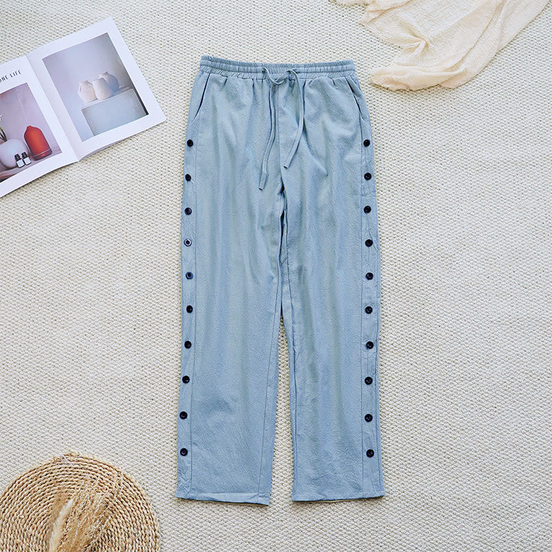 Pantalon d'été uni en coton et lin avec cordon de serrage et poches pour femme, motif patchwork Buddha Stones