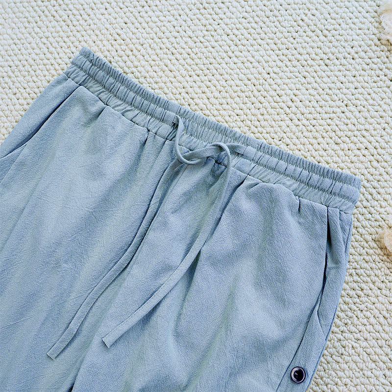Pantalon d'été uni en coton et lin avec cordon de serrage et poches pour femme, motif patchwork Buddha Stones