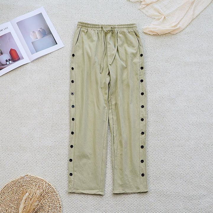 Pantalon d'été uni en coton et lin avec cordon de serrage et poches pour femme, motif patchwork Buddha Stones
