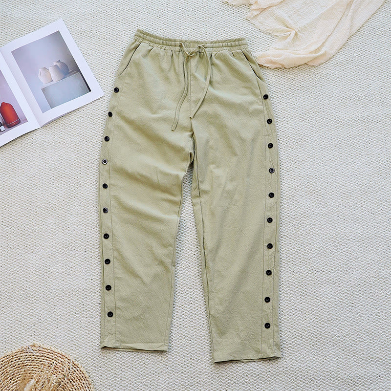 Pantalon d'été uni en coton et lin avec cordon de serrage et poches pour femme, motif patchwork Buddha Stones