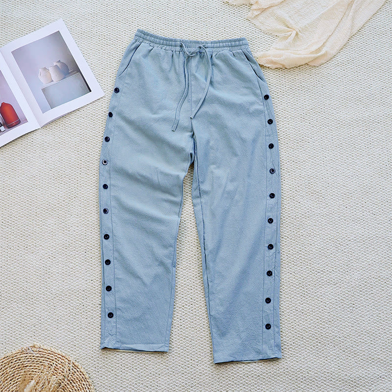 Pantalon d'été uni en coton et lin avec cordon de serrage et poches pour femme, motif patchwork Buddha Stones