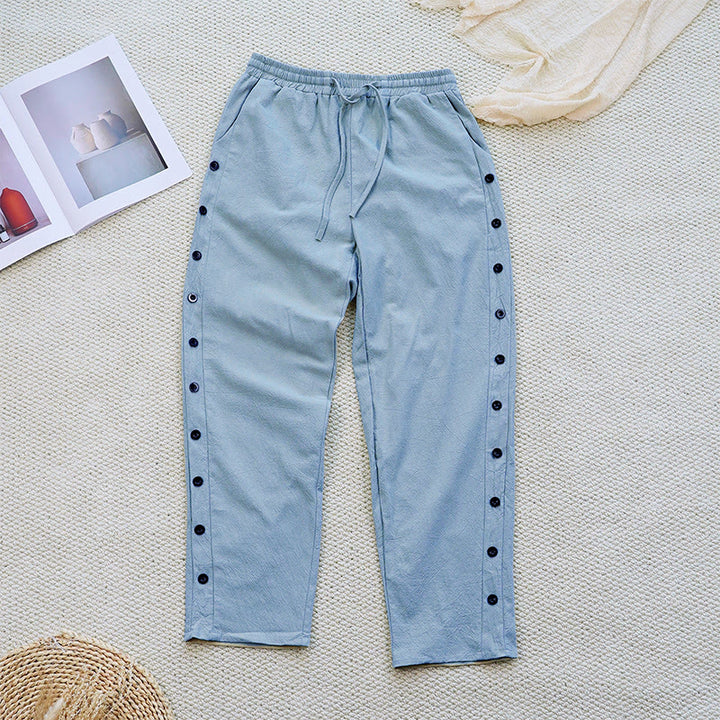 Pantalon d'été uni en coton et lin avec cordon de serrage et poches pour femme, motif patchwork Buddha Stones