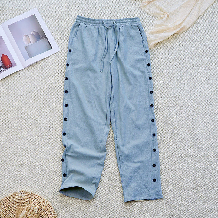 Pantalon d'été uni en coton et lin avec cordon de serrage et poches pour femme, motif patchwork Buddha Stones