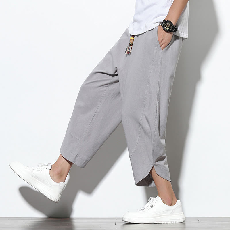 Pantalon sarouel décontracté d'été en lin avec cordon de serrage et poches pour homme, longueur 7-8, motif Buddha Stones
