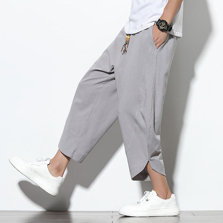 Pantalon sarouel décontracté d'été en lin avec cordon de serrage et poches pour homme, longueur 7-8, motif Buddha Stones