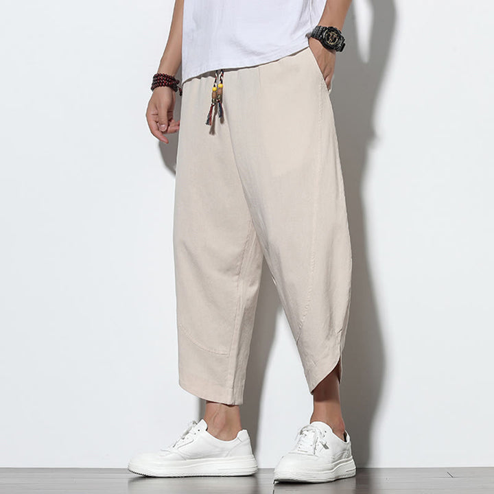 Pantalon sarouel décontracté d'été en lin avec cordon de serrage et poches pour homme, longueur 7-8, motif Buddha Stones