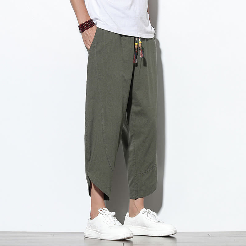 Pantalon sarouel décontracté d'été en lin avec cordon de serrage et poches pour homme, longueur 7-8, motif Buddha Stones