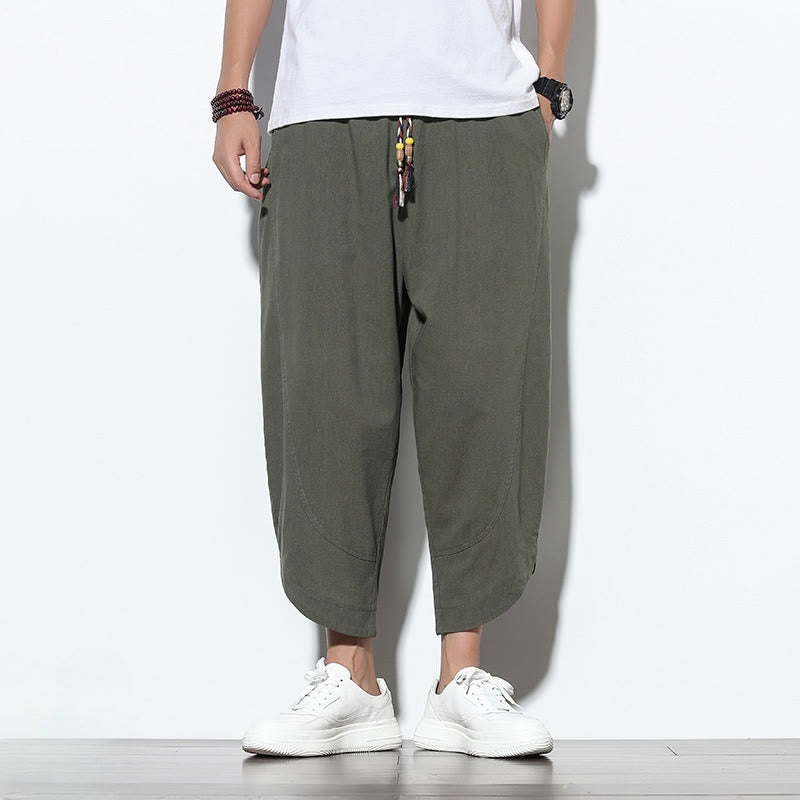 Pantalon sarouel décontracté d'été en lin avec cordon de serrage et poches pour homme, longueur 7-8, motif Buddha Stones