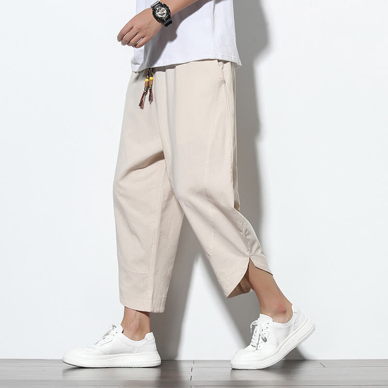 Pantalon sarouel décontracté d'été en lin avec cordon de serrage et poches pour homme, longueur 7-8, motif Buddha Stones