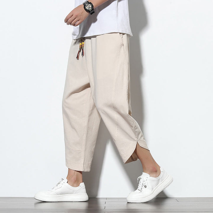 Pantalon sarouel décontracté d'été en lin avec cordon de serrage et poches pour homme, longueur 7-8, motif Buddha Stones