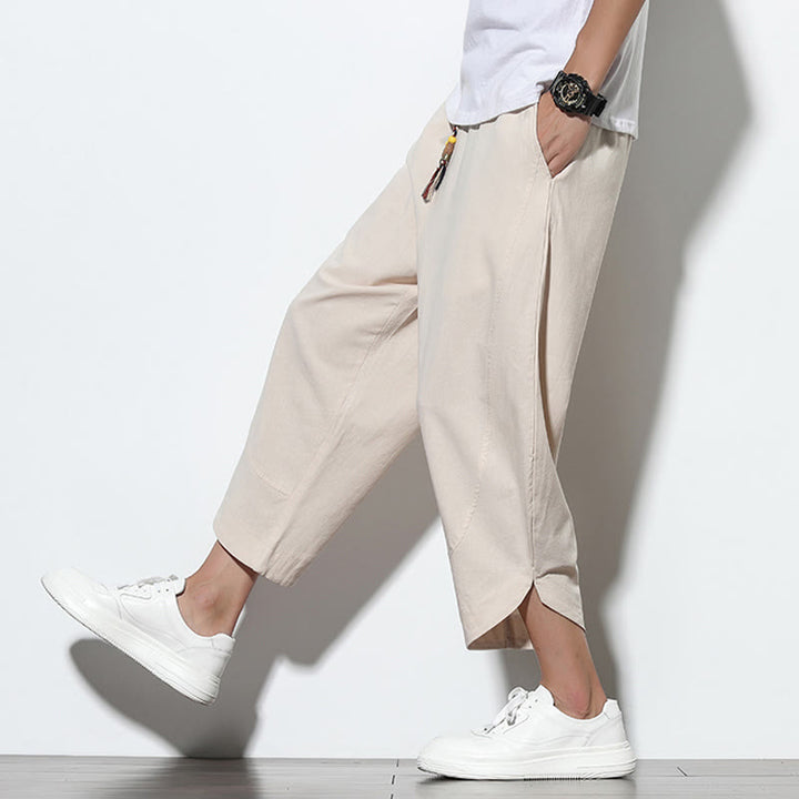 Pantalon sarouel décontracté d'été en lin avec cordon de serrage et poches pour homme, longueur 7-8, motif Buddha Stones