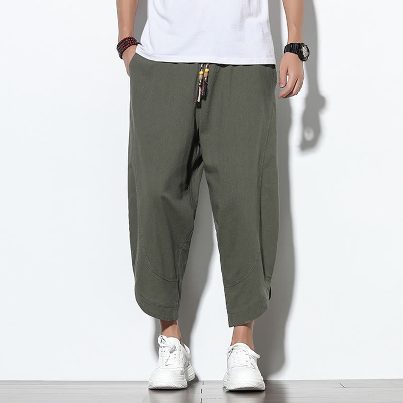 Pantalon sarouel décontracté d'été en lin avec cordon de serrage et poches pour homme, longueur 7-8, motif Buddha Stones