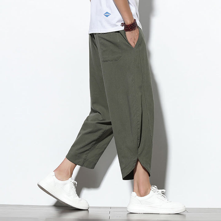 Pantalon sarouel décontracté d'été en lin avec cordon de serrage et poches pour homme, longueur 7-8, motif Buddha Stones