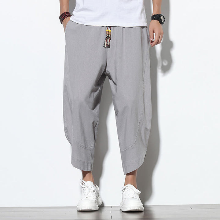 Pantalon sarouel décontracté d'été en lin avec cordon de serrage et poches pour homme, longueur 7-8, motif Buddha Stones - image 2