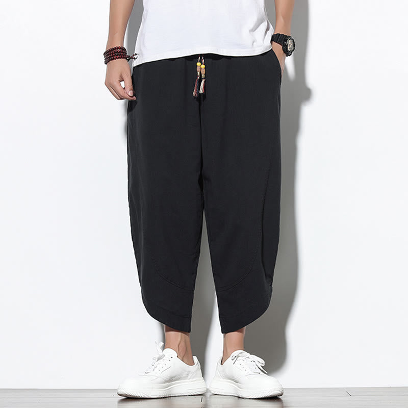Pantalon sarouel décontracté d'été en lin avec cordon de serrage et poches pour homme, longueur 7-8, motif Buddha Stones