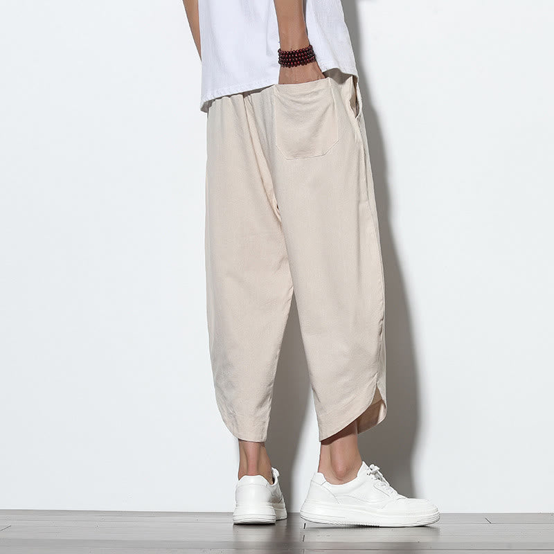 Pantalon sarouel décontracté d'été en lin avec cordon de serrage et poches pour homme, longueur 7-8, motif Buddha Stones