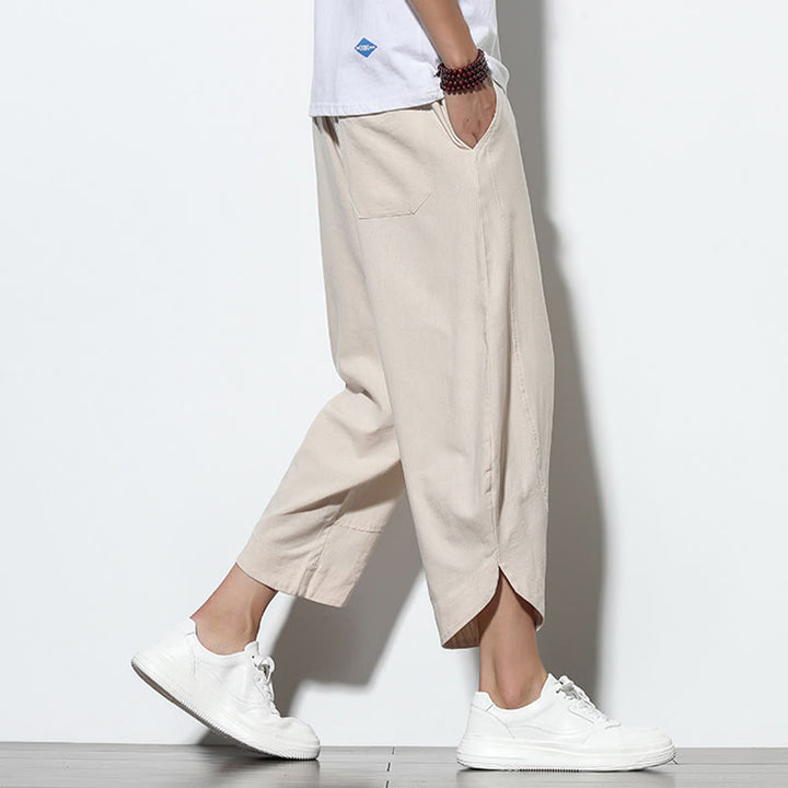 Pantalon sarouel décontracté d'été en lin avec cordon de serrage et poches pour homme, longueur 7-8, motif Buddha Stones