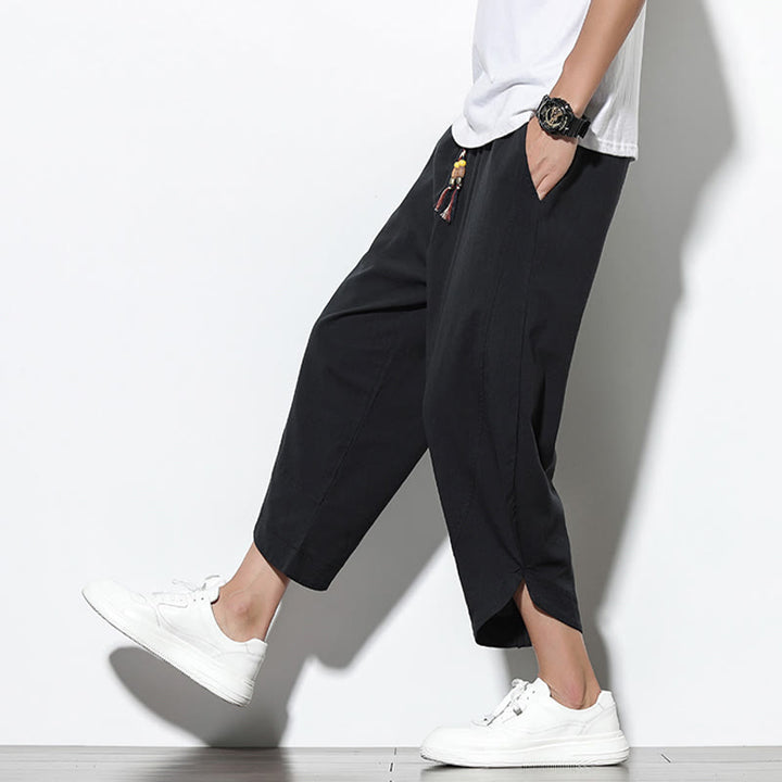 Pantalon sarouel décontracté d'été en lin avec cordon de serrage et poches pour homme, longueur 7-8, motif Buddha Stones