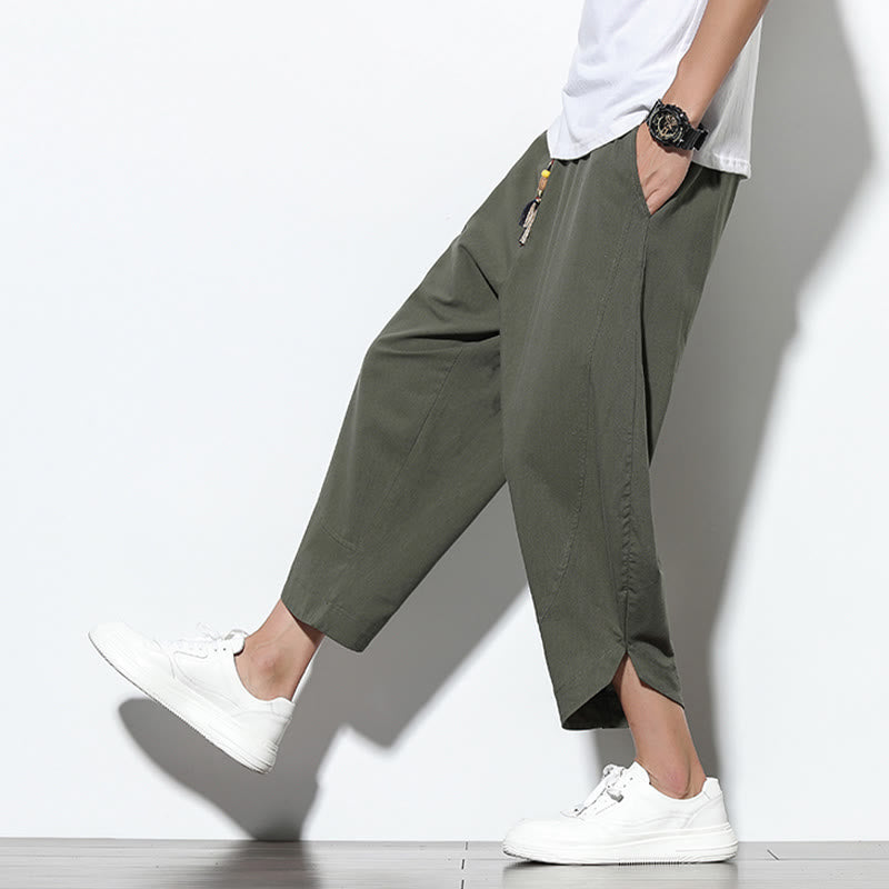 Pantalon sarouel décontracté d'été en lin avec cordon de serrage et poches pour homme, longueur 7-8, motif Buddha Stones