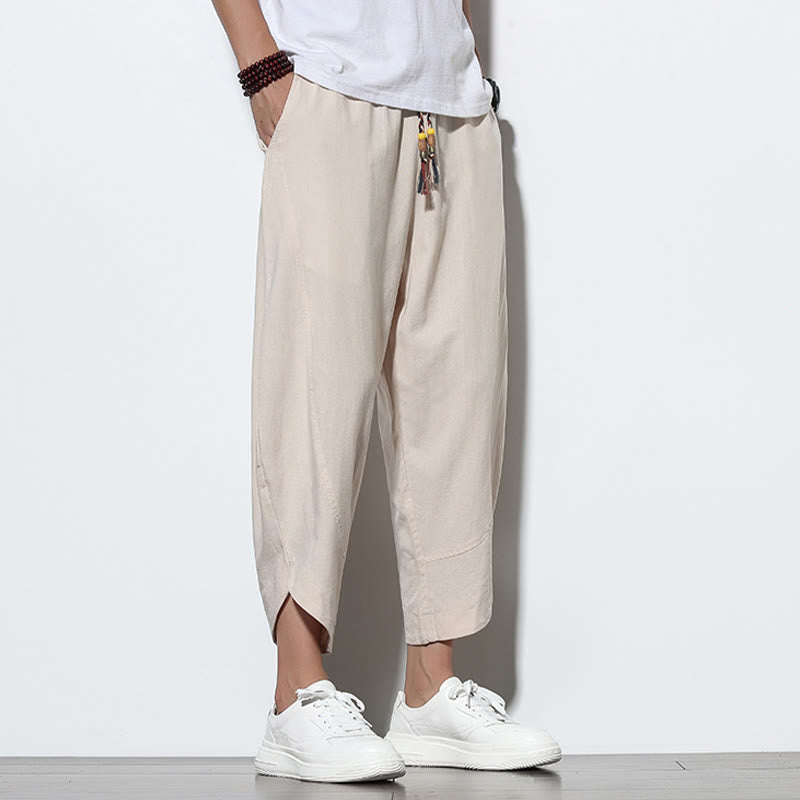 Pantalon sarouel décontracté d'été en lin avec cordon de serrage et poches pour homme, longueur 7-8, motif Buddha Stones