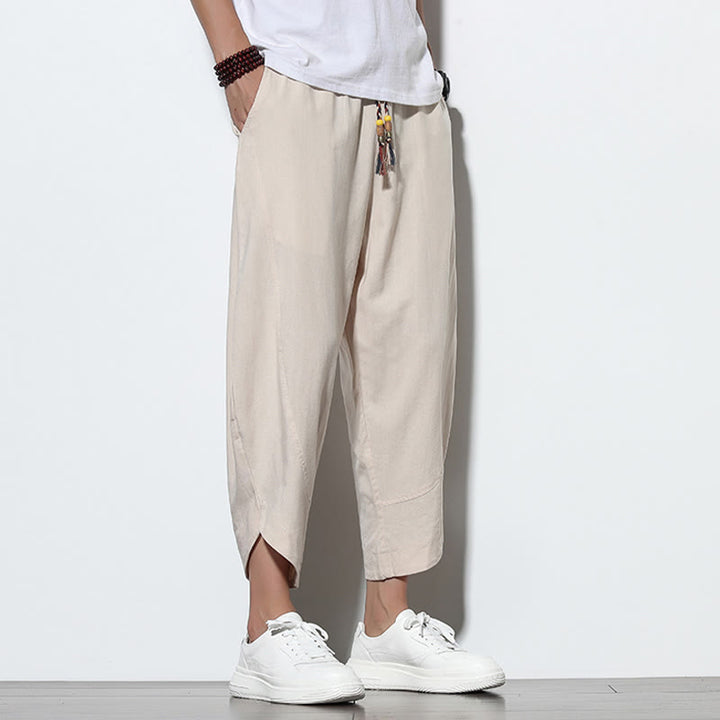 Pantalon sarouel décontracté d'été en lin avec cordon de serrage et poches pour homme, longueur 7-8, motif Buddha Stones