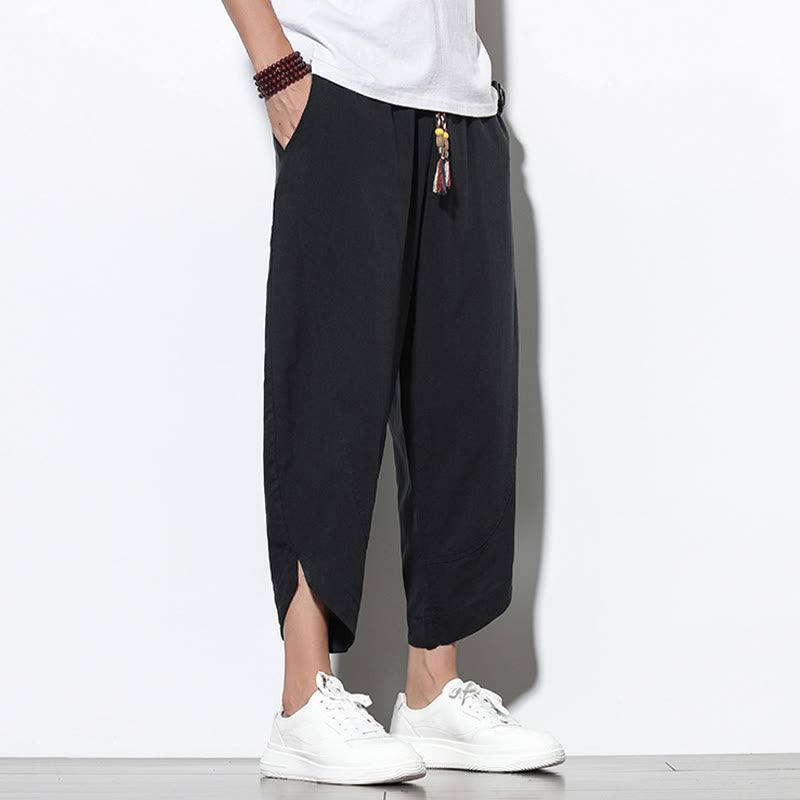 Pantalon sarouel décontracté d'été en lin avec cordon de serrage et poches pour homme, longueur 7-8, motif Buddha Stones