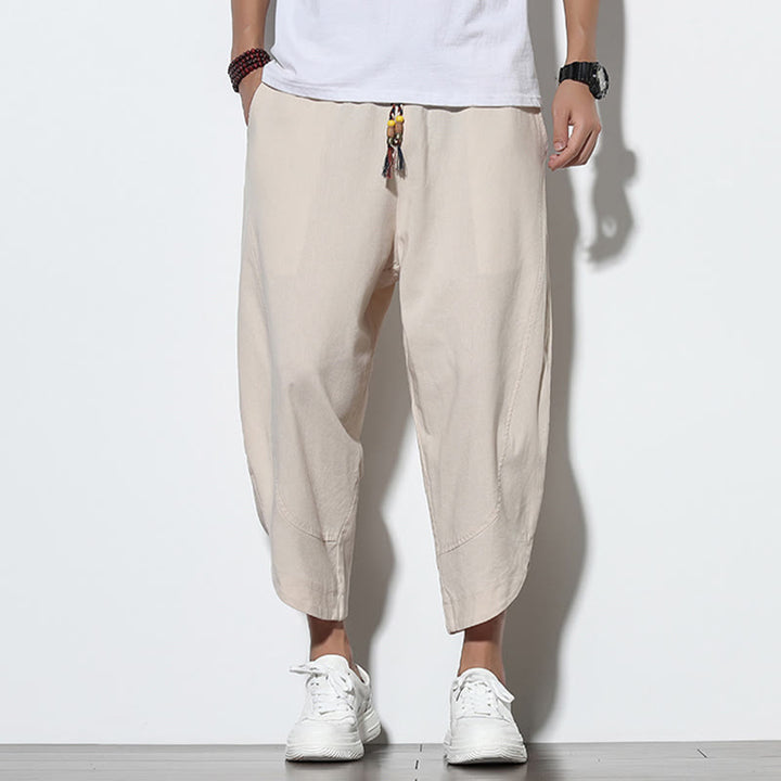 Pantalon sarouel décontracté d'été en lin avec cordon de serrage et poches pour homme, longueur 7-8, motif Buddha Stones