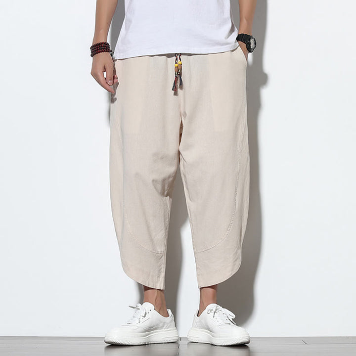 Pantalon sarouel décontracté d'été en lin avec cordon de serrage et poches pour homme, longueur 7-8, motif Buddha Stones
