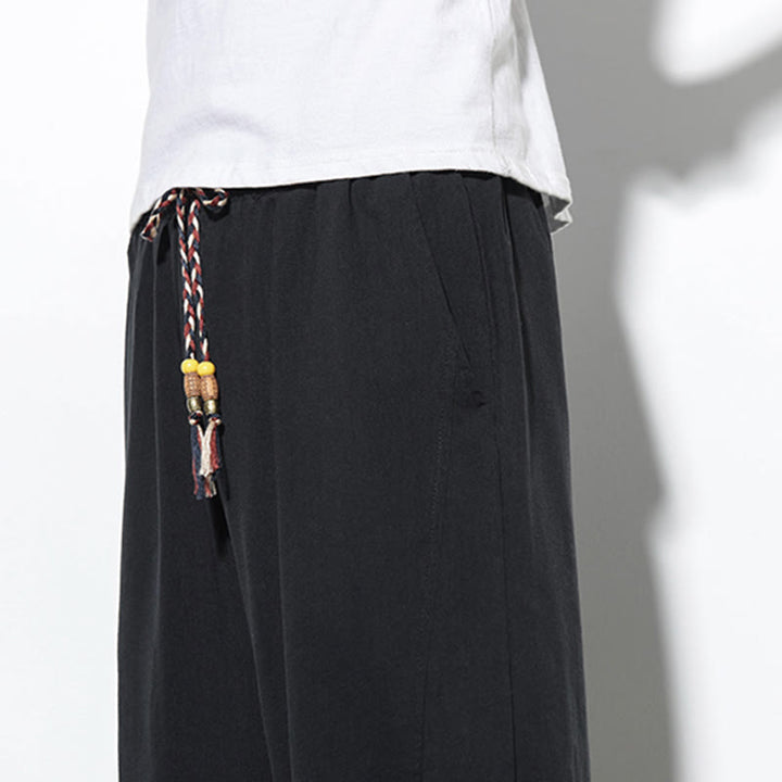 Pantalon sarouel décontracté d'été en lin avec cordon de serrage et poches pour homme, longueur 7-8, motif Buddha Stones