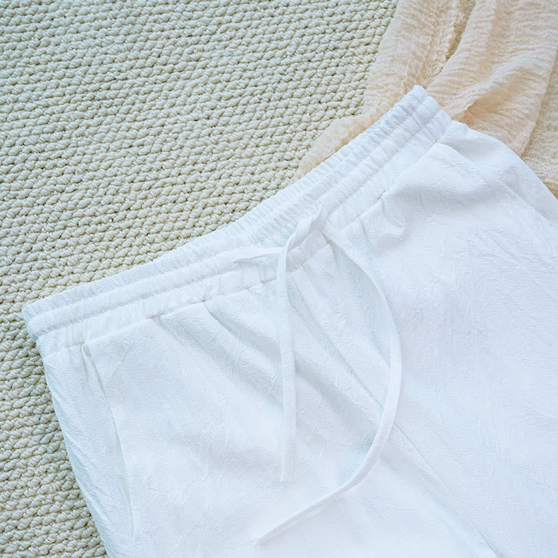 Pantalon femme en coton et lin avec poches, motif patchwork en dentelle et motif floral blanc uni, motif Buddha Stones , été