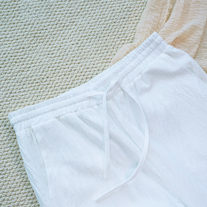 Pantalon femme en coton et lin avec poches, motif patchwork en dentelle et motif floral blanc uni, motif Buddha Stones , été