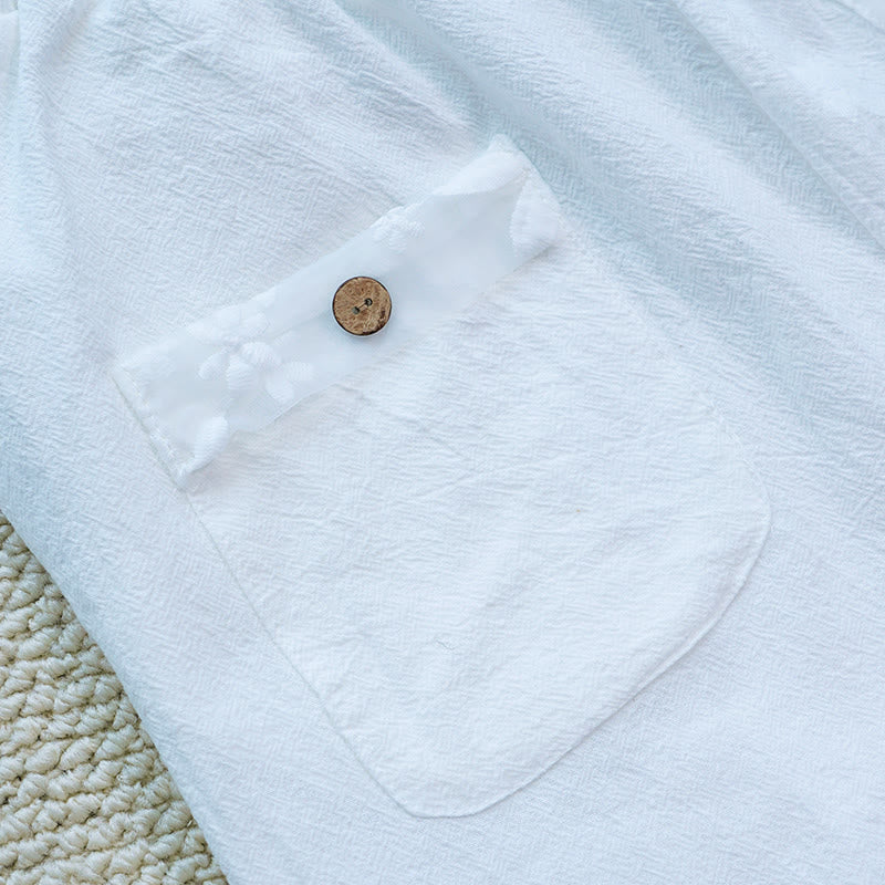 Pantalon femme en coton et lin avec poches, motif patchwork en dentelle et motif floral blanc uni, motif Buddha Stones , été - image 7