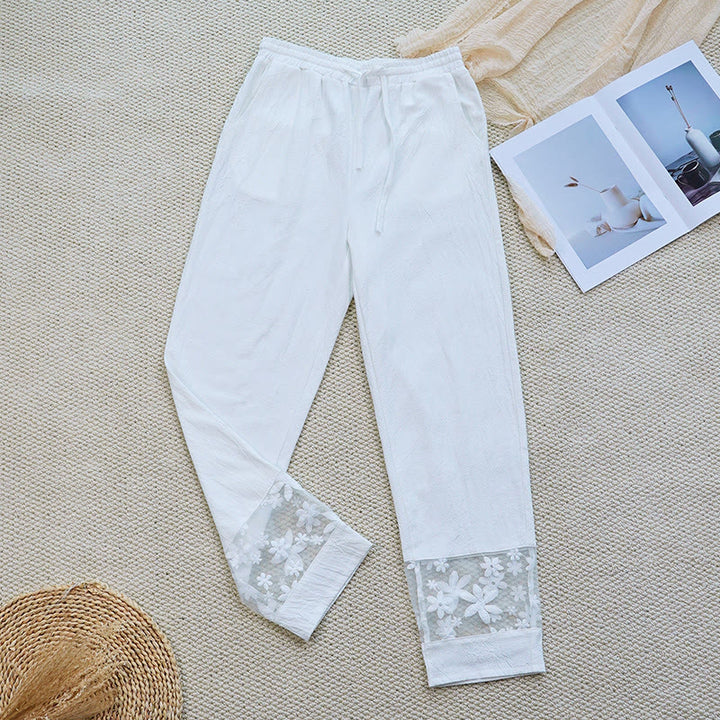 Pantalon femme en coton et lin avec poches, motif patchwork en dentelle et motif floral blanc uni, motif Buddha Stones , été