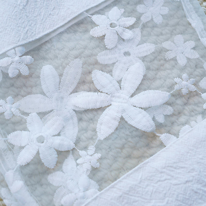 Pantalon femme en coton et lin avec poches, motif patchwork en dentelle et motif floral blanc uni, motif Buddha Stones , été - image 9